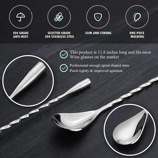 Stainless Steel Cocktail Spoon, Long Spiral Handle for Bartender