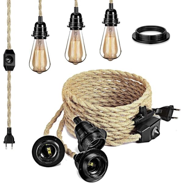 6,8M 2-leder linned elektrisk kabel med E26/E27 fatning (3 fatninger) og lysdæmper til gør-det-selv-lampe (ingen pære)