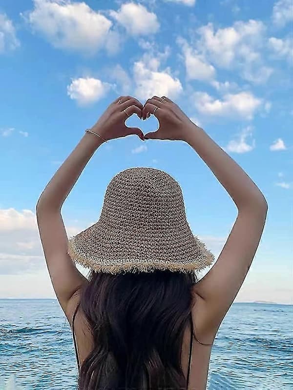 Sommerhat til kvinder, stråsolhat med frynser, bredskygget strandhat i strå (stor/60cm)-Yvan