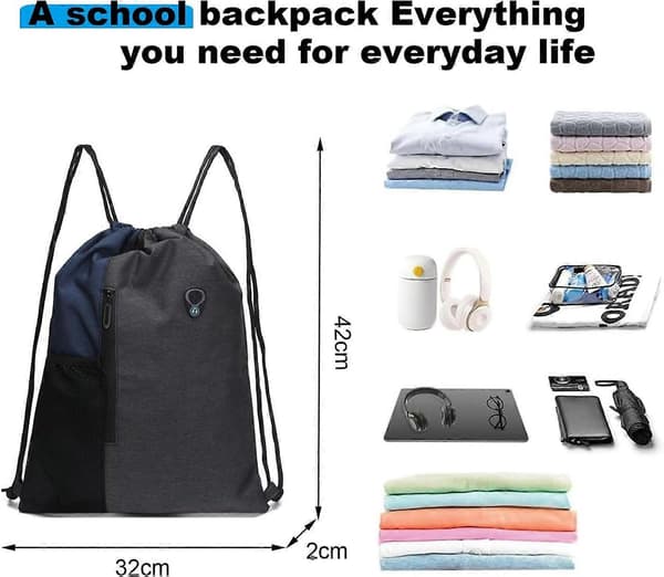 Drawstring Bag Sport Oxford Cloth Waterproof with Mesh Pocket (Navy Blue)