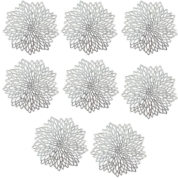 Hibiskusunderlegg, runde underlegg, til bryllupsunderlegg kjøkkendekorasjon (sølv, 8-pakning)