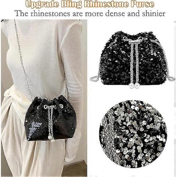 Strass Aftenclutch Sølv Sort Dame Aftenclutch Skinnende Kædetaske Sort Sort