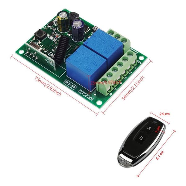 433 MHz Wireless Remote Switch – 2 Channels AC 220V – Receiver Relay with 2 Remote Controls – Control Range up to 50 meters