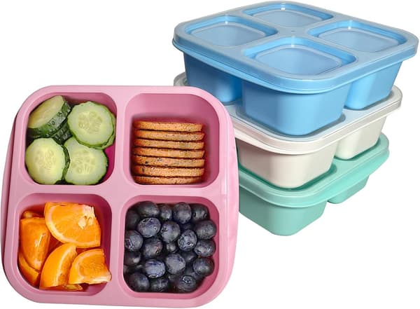 4-pack Snack Containers, 4 Compartment Bento Snack Box, Reusable Lunch Boxes (Green/Blue/Pink/White)
