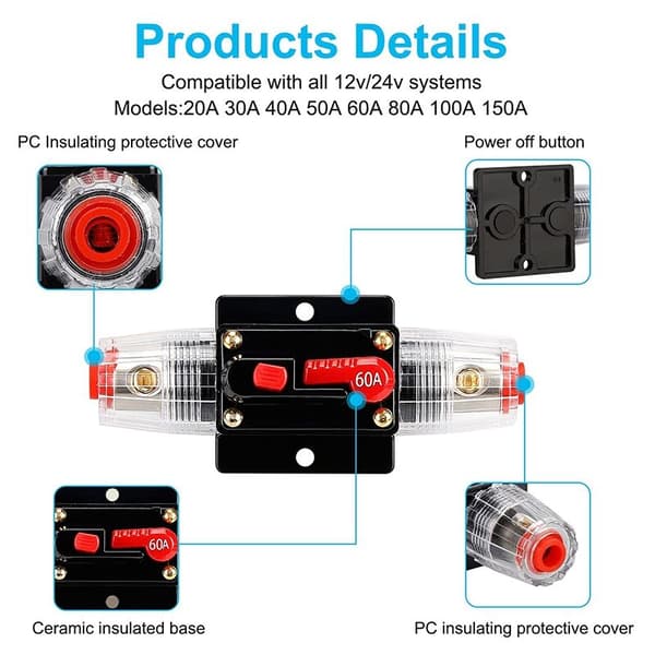 DC 12V-24V Sikringsholder, Audio Afbryder, Bilsikringsholder, Manuel Nulstilling 60A