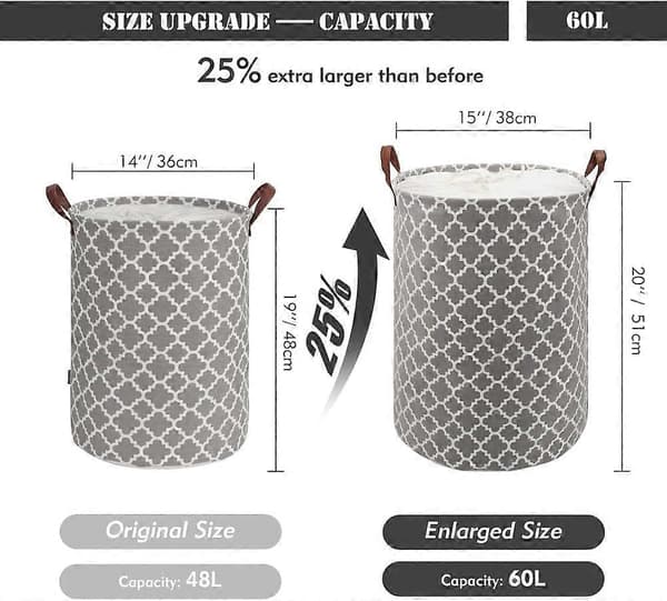 60L Large Laundry Basket with Durable Leather Handle, Thickened Waterproof Drawstring Round Foldable Laundry Hamper (Grey, L)