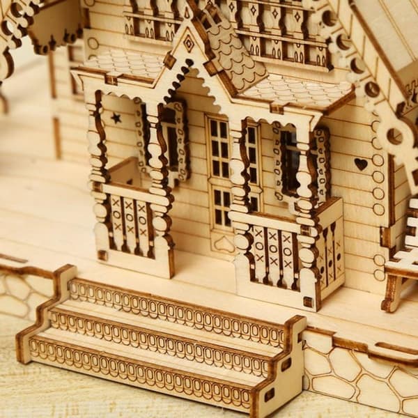 Retro villa, 3D-pussel, träleksaker, pedagogiska monteringsspel, DIY-kreativitet, batteri ingår ej