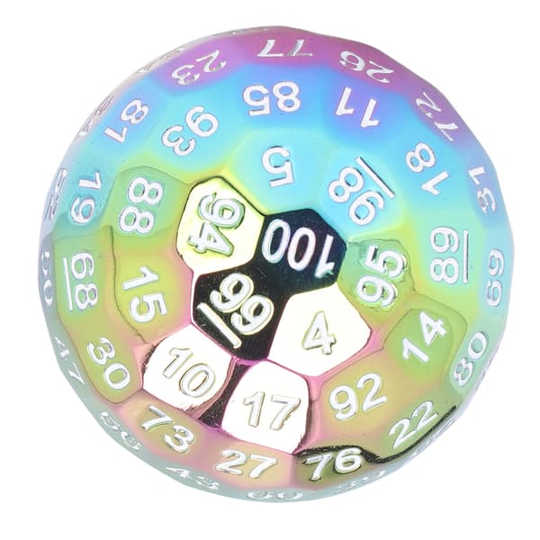 100-siders polyedrisk terning i metall, 5 cm diameter, lettlest med fløyelspose for over 14 år, pletteringsfarge