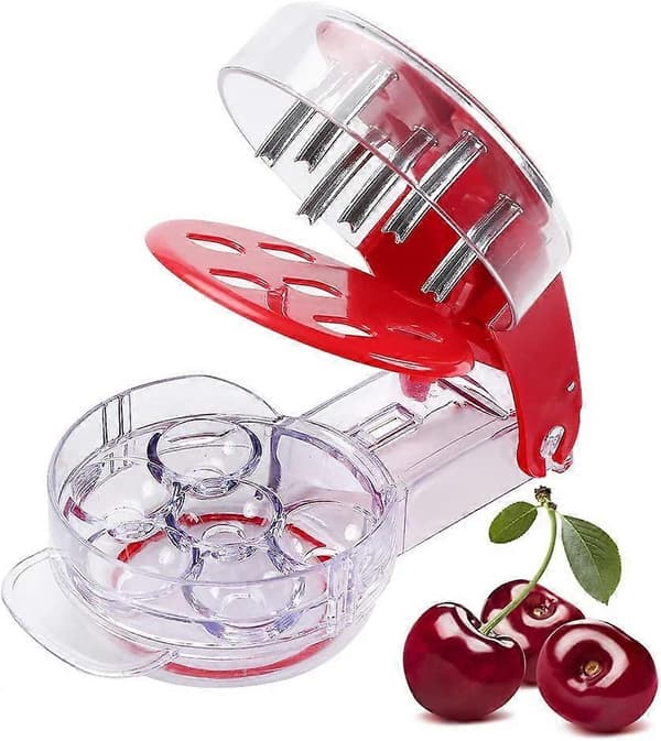 Multikirsebærsteinfjerner, kirsebærsteinfjerner, kirsebærfrøfjerner med stein- og juicebeholder for 6 kirsebær