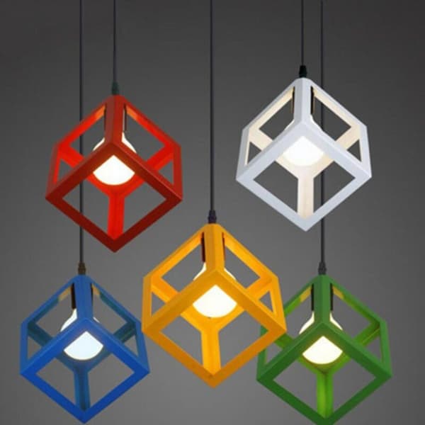 Moderne industriel lampe, E27 bur metalskærm loftslampe (kube blå)