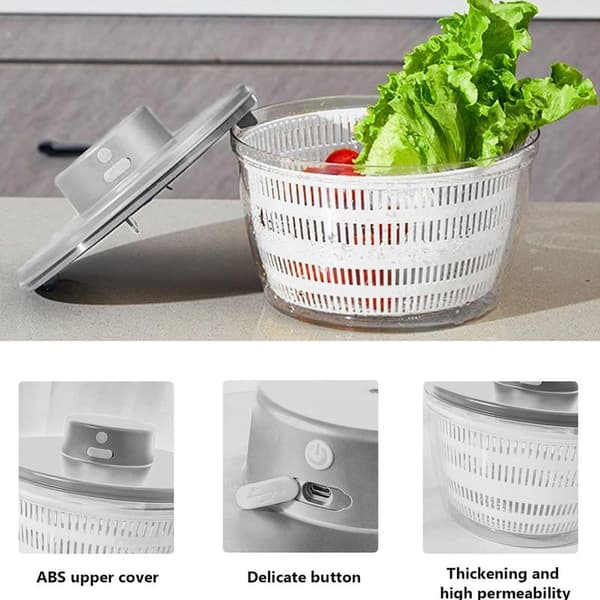 4000 ml Automatic Cordless USB Salad Spinner, Automatic Fruit and Vegetable Dehydrator, Serving Bowl, Quick Drying, Kitchen Utensil