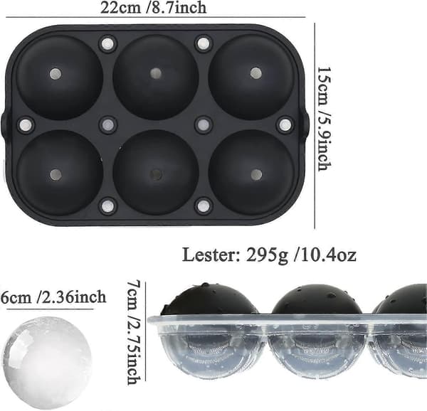 Ice Ball Maker, Spherical Ice Cube Mold with Funnel - 6 Large Ice Cube Spheres 6.35 cm in Diameter, Round Ice Cube Mold