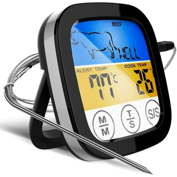 Digital touchscreen grill thermometer, with preset meat temperature alerts and timer for cooking and grilling, black