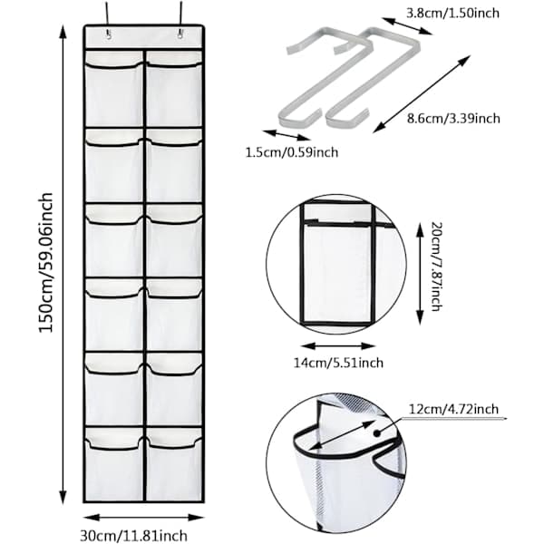 White storage shelf with 12 large mesh pockets, 2 hooks for storing small tools in kitchen, bedroom, bathroom, wardrobe