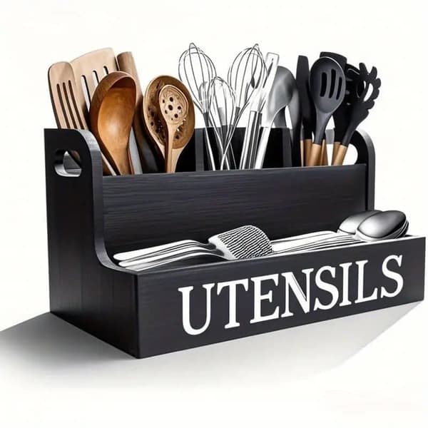 Kitchen Storage Shelf in Wood – Tabletop Organizer & Cutlery Box with 4 Compartments and Lid