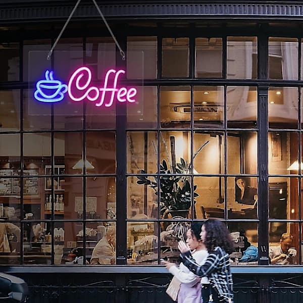 Kaffe Neonskylt Ljusstark LED Neonskylt USB-driven Caféskylt Väggdekor För Kaffebarer Butiker Restaurangdekor, BY Blå-Rosa