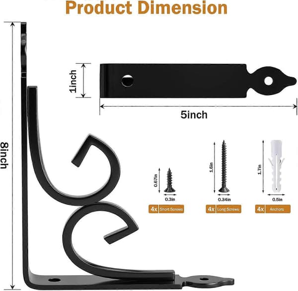 Decorative Shelf Brackets, 8 Inch Wall Mounted Floating Shelf Brackets 2-Pack Heavy Duty Rustic Iron Metal Corner Braces Shelf Supports Black