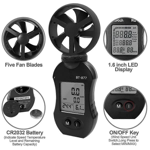 Anemometer, med temperatur- och fuktighetsmätning, 0,3-30m/S Väderstationsanemometer Luftflöde