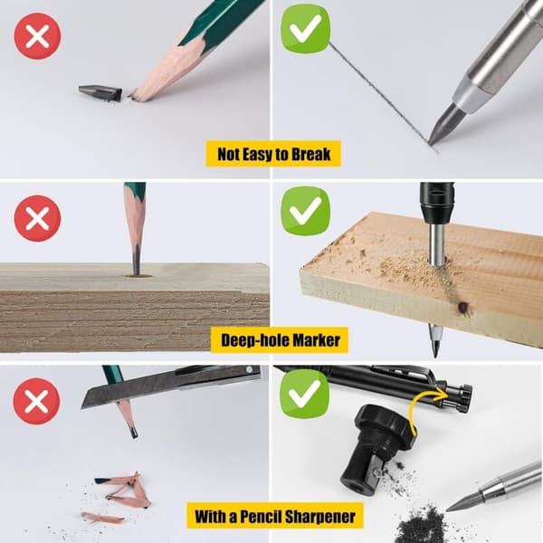 Solid Construction Pencil with Sharpener, Carpenter Pencils for Deep Holes, Marking Tool for Glass, Ceramics, Hardened Steel, Wood