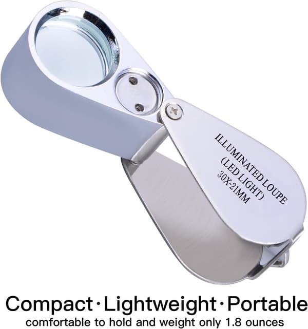 30x Magnifying Glass, Foldable, with LED Light, for