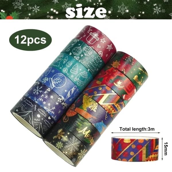 12 Rolls Christmas Tape with Decorative Mixed Christmas Patterns