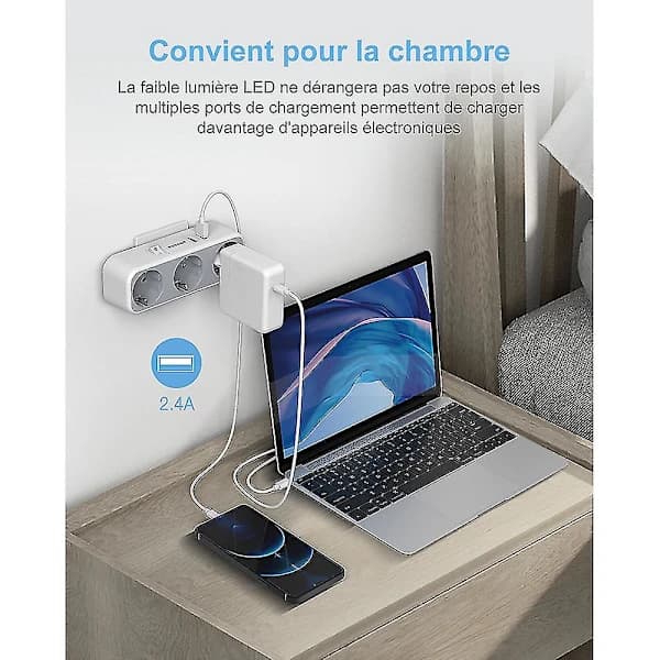 Wall-mounted power strip adapter 3-way with 2 USB ports and switch, 3 sockets Europe plug for outlets, multiple plug for outlets and USB ad...