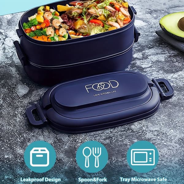 Bento Lunch Box 1550ml Stackable 3 Compartments BPA-Free PP With Cutlery Set Leakproof Microwave Safe For Work School Meal Prep Navy Blue