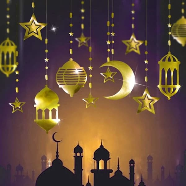 Eid Mubarak Gold Banner Decoration Hanging Star Moon Light