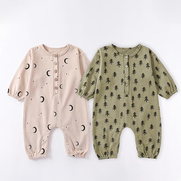 Bomuld Nyfødt Baby Romper Søde Trykte Tøj Langærmede Bodysuits Åndbart Nattøj Pyjamas til Baby Shower 73 måne 73 moon 73