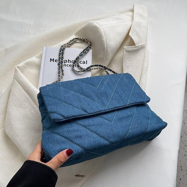 Handväska Casual Solid Canvas Dam Axelväska Mode Kedja Crossbody Väskor Hög Kapacitet Dam Handväskor (30x19x8cm, blå)