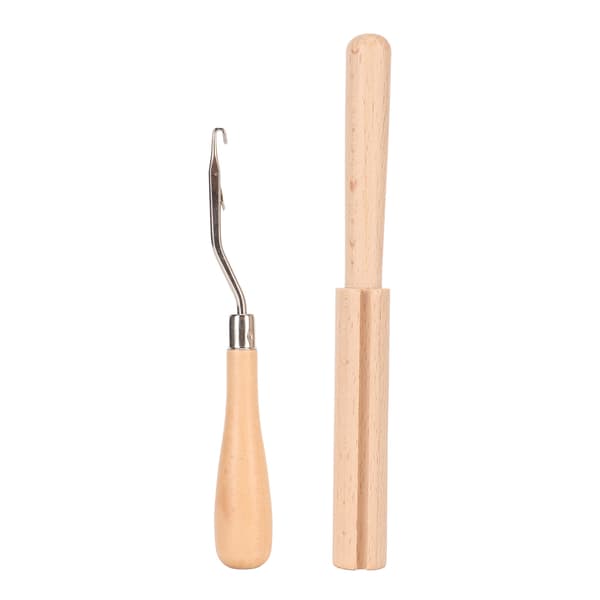 Wooden Bent Latch Hook, Smoothing Handle, Strong Wood, Multifunctional Bent Crochet Hook with Thread Cutter for Craft DIY