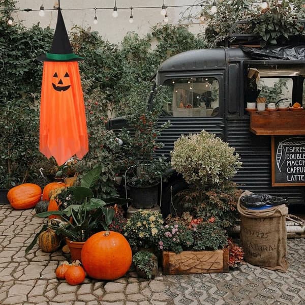 Halloween græskar, græskar lanterne, græskar vedhæng, græskar med heksehat, Halloween dekorationer