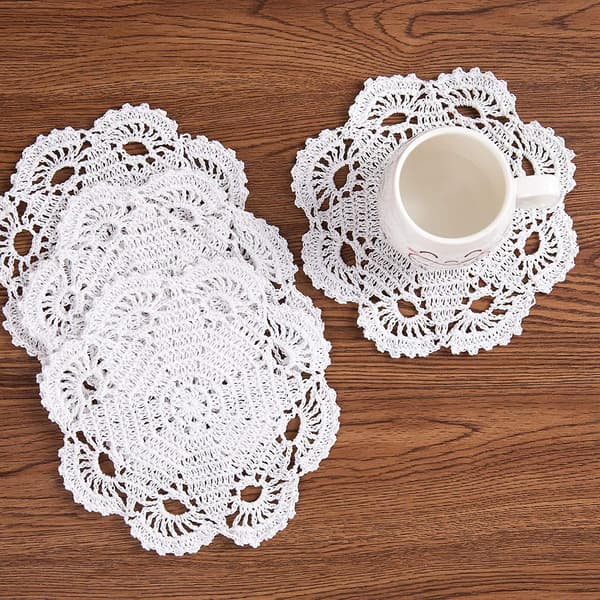 Håndlavede hæklede bomuldsduge Dækkeservietter Coasters, 20 cm 4-pak (hvid)
