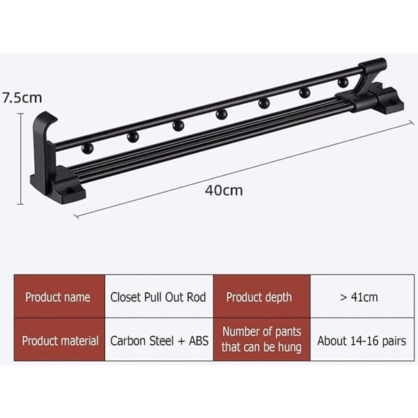Heavy Duty Pull-Out Wardrobe Rod - Clothes Hanger Rod, Top Mounted to Save Wardrobe Space (Size: 40)