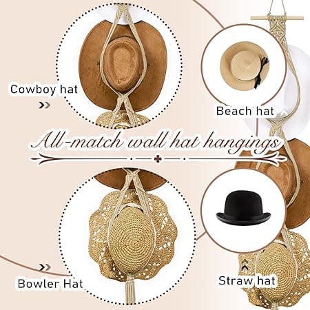 (Beige, Tre-hatte stil) Makramé hatthænger hat holder til væg