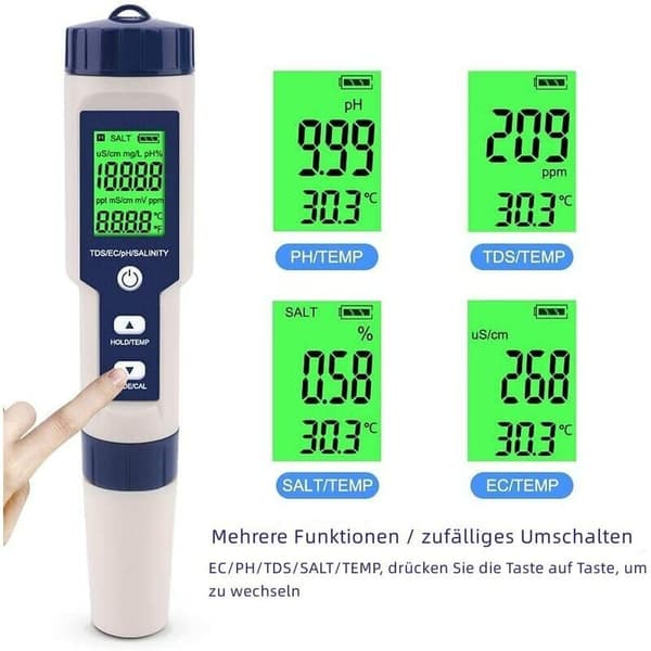 PH-mätare, 5-i-1 PH/TDS/EC/Salthalts-/Temperaturmätare, Vattenkvalitetsmonitor för Pooler, Hydroponik, Dricksvatten, Akvarier