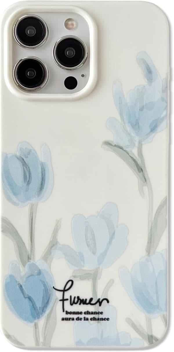 Artistic Blue Tulip Flower Soft Design iPhone Case, Beige, Compatible with iPhone 16 Pro Max