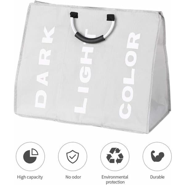 Laundry basket with 3 compartments, foldable laundry basket sorting basket laundry bag with aluminum handle (light gray)-