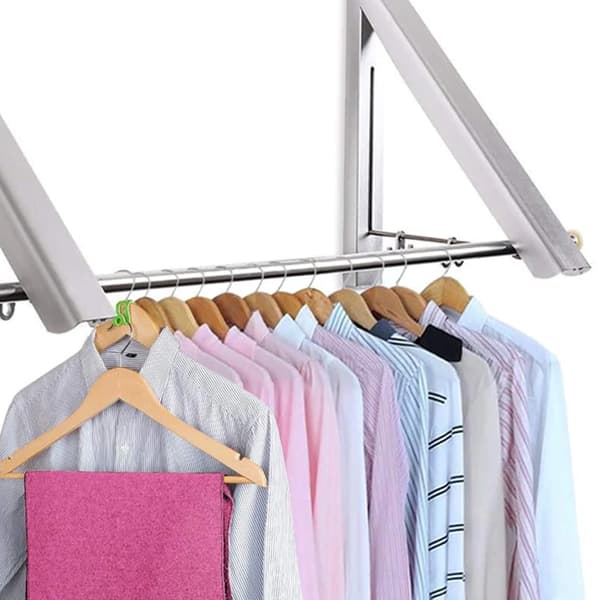 Adjustable Clothes Rack - Wall Mounted Foldable Clothes Hanger Drying Rack for Laundry Room Storage Organization, Aluminum, 2 Bars with Rod