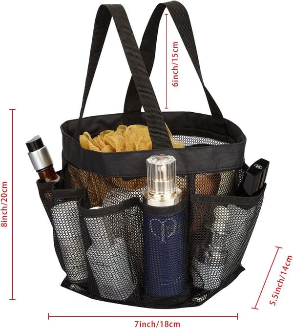Mesh Shower Caddy, 2 Pack Black, 8 Pockets, Hanging for Dorm, Gym, Beach, Camping