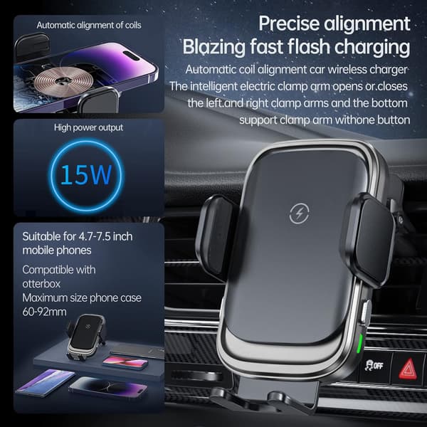 Trådløs billader, 15W automatisk fastspenningsbillader, luftventilfeste for iPhone 8 og nyere