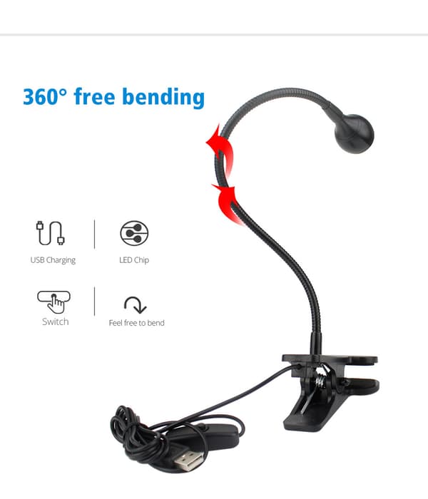 USB-drevet læselampe med klemme, 3W, sort sort black