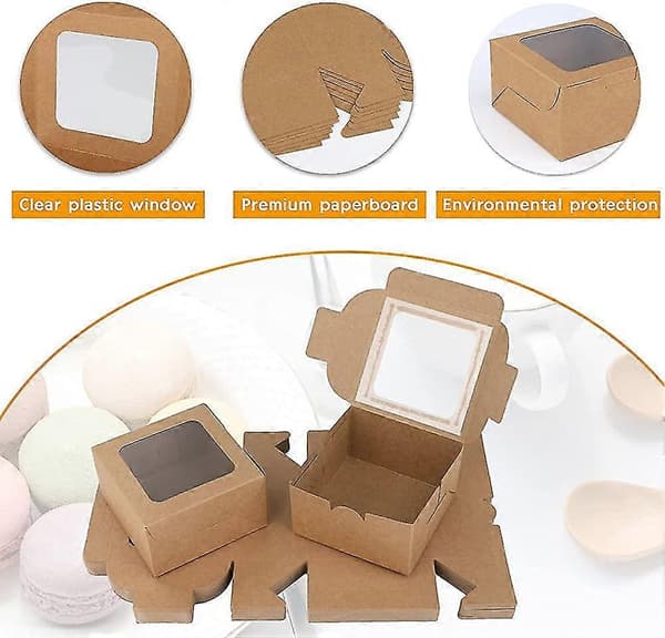 50-pack Brown Bakery Boxes with Acsergery Window, Brown Kraft Paper Cake Boxes Gift