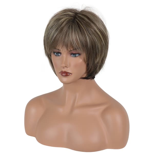Short Golden Gradient Wig with Dark Brown Bangs Mixed with Blonde, Pixie Cut Synthetic Fiber Women's Wig