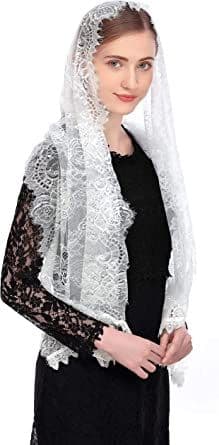 (vit) Katolsk kapellslør spansk blomstret blonde mantilla slør sjal messehodeplagg rektangulær form