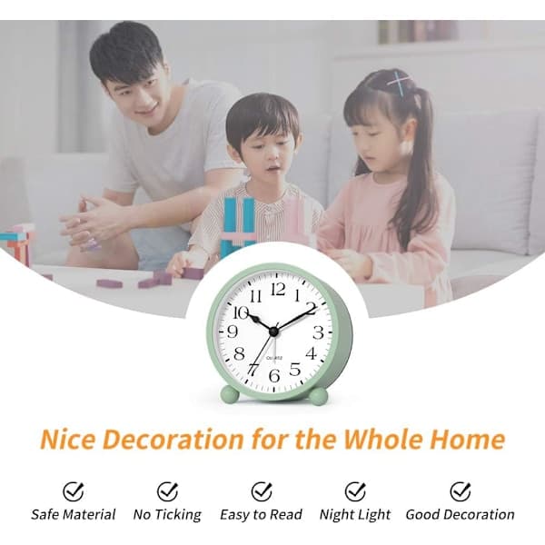 Silent Analog Alarm Clock with Night Light, Beep Sound, Gentle Wake, Battery Operated, Easy Setting (Green)