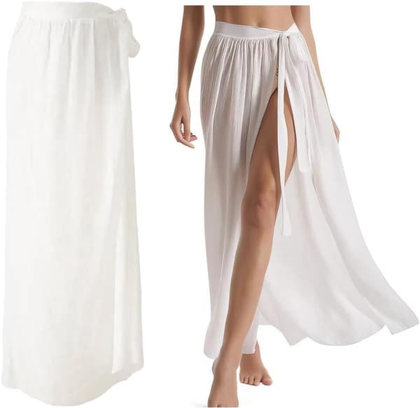 Dam Pareo Baddräktsklänning, Lång Sarong Omlottkjol, Vit Strandöverdrag, En Storlek
