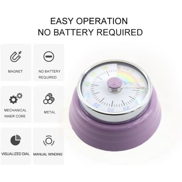Magnetic Metal Timer - Manual Winding, No Battery, Time Visualization for Kitchen, Work, Study - Lila Purple purple