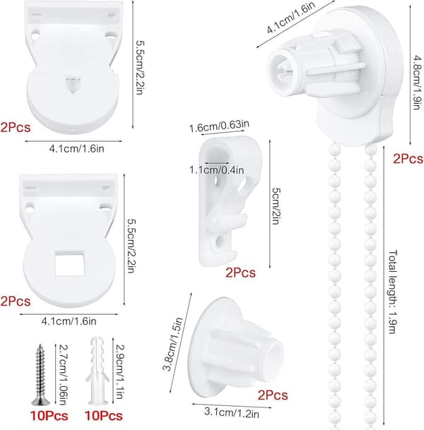 Roller Blind Repair Kit, 25mm, with Wall Brackets, Beaded Chain, Child Safety Clips, White, 2 Sets
