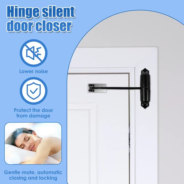 Automatic Double Spring Door Closer, Adjustable Heavy Duty Aluminum Alloy Security Latch for Home Doors, Black